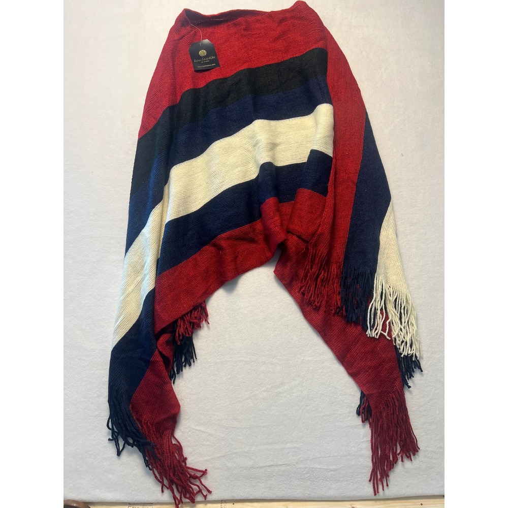 Riah Fashion OS Poncho Boho Colorblock Red Navy Cream Fringe Knit Wrap